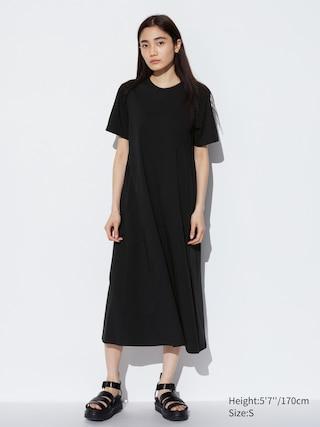 Womens Airism Cotton Short Sleeve T-Shirt Dress with Quick-Drying Black 2XS UNIQLO US Product Image