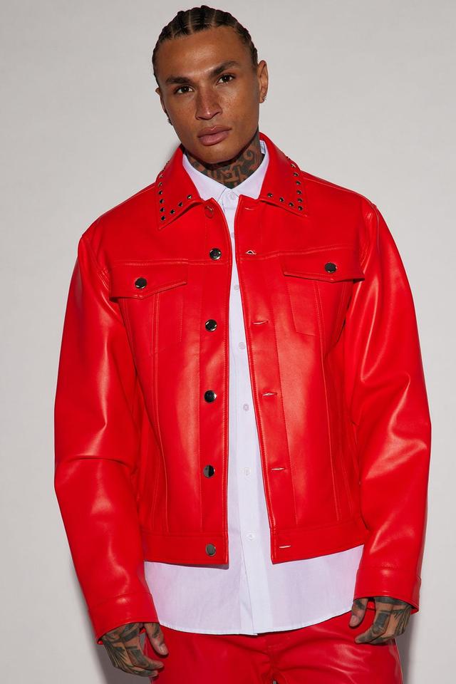 Faux Leather Studded Collar Trucker Jacket - Red Product Image