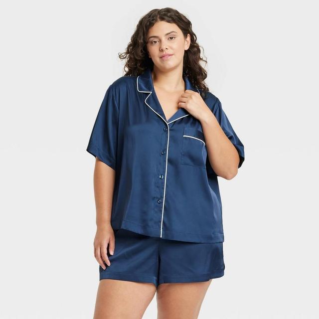 Womens Satin Notch Collar Short Sleeve and Shorts Pajama Set - Auden Navy Blue 3X Product Image