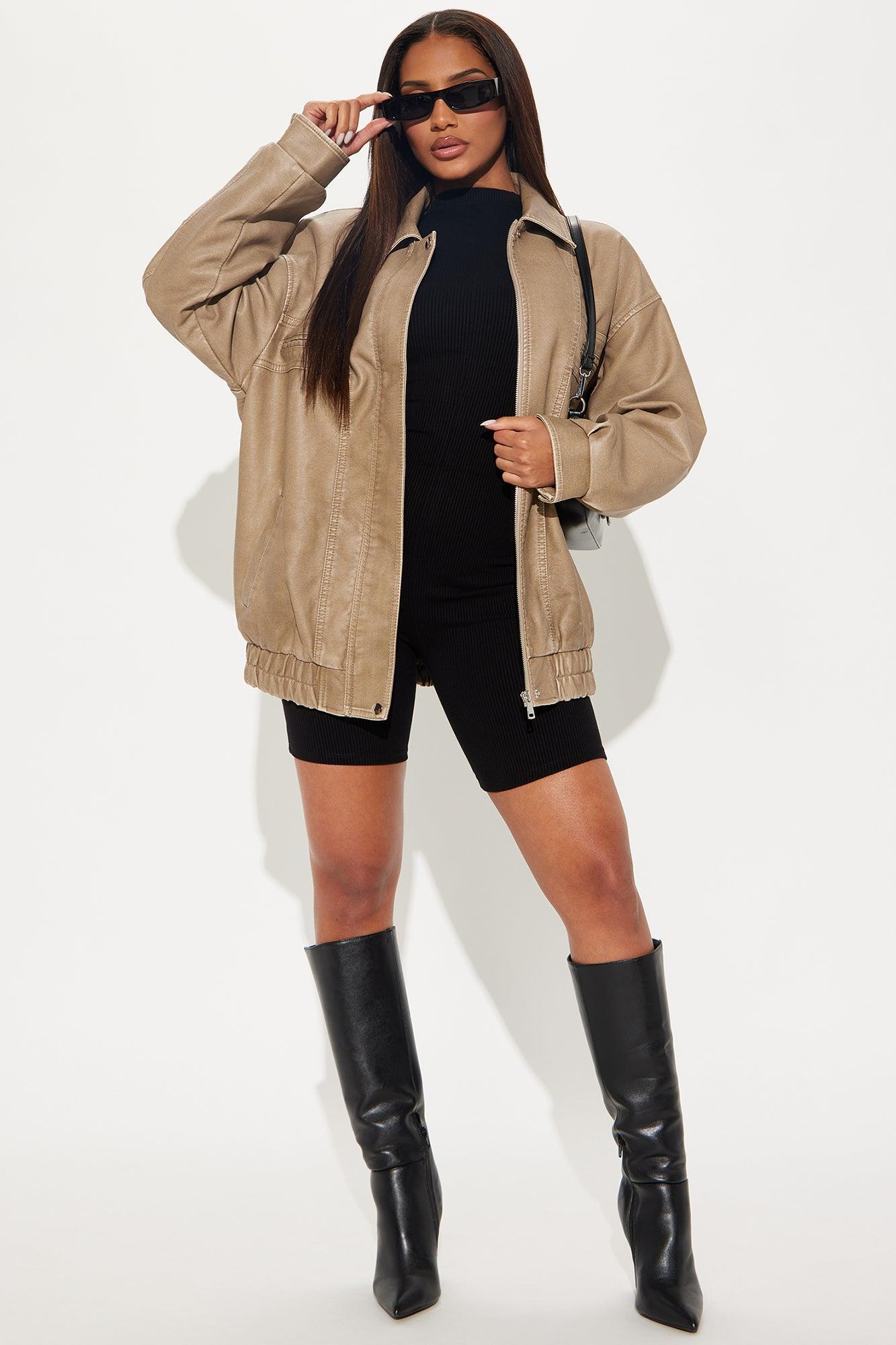 Downtown Rush Faux Leather Bomber Jacket - Khaki Product Image