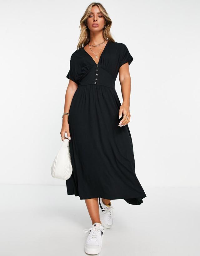 ASOS DESIGN waisted midi tea dress with buttons in black Product Image