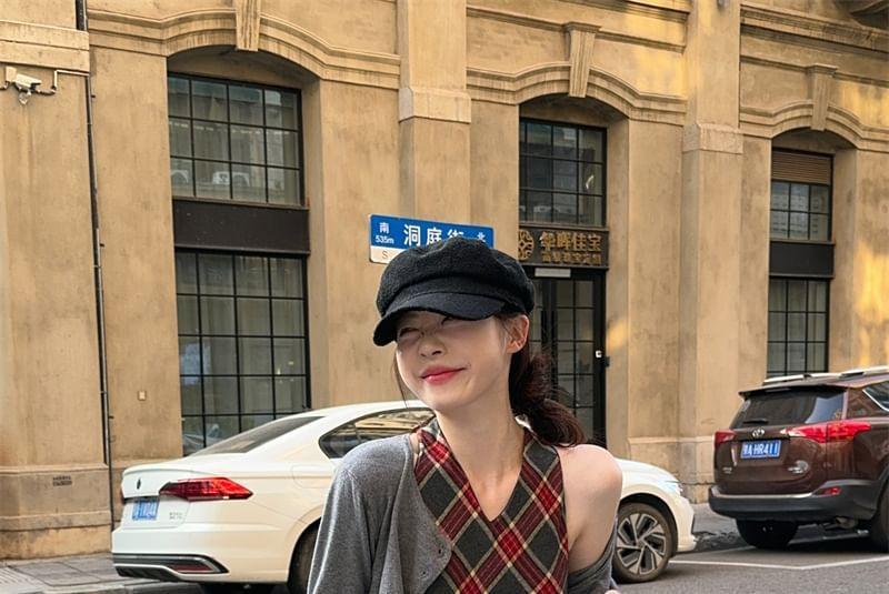 Sleeveless Plaid Pleated A-Line Dress / Plain Crop Cardigan Product Image