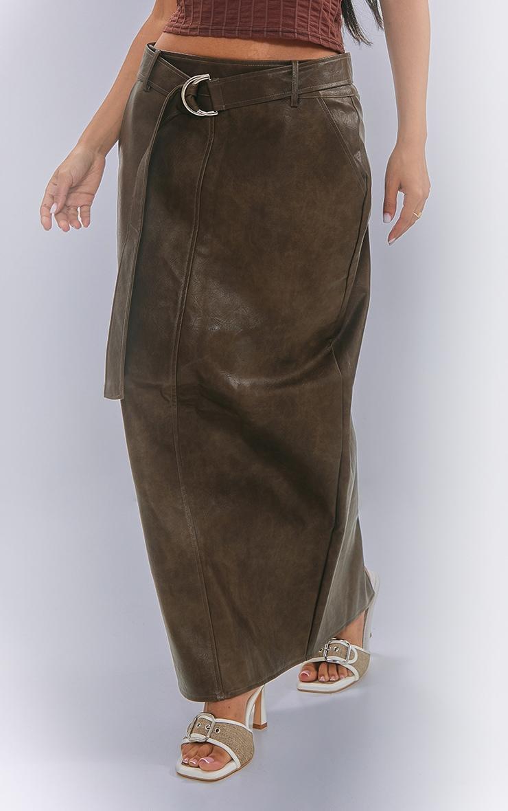 Petite Brown Washed Faux Leather Belted Midi Skirt Product Image