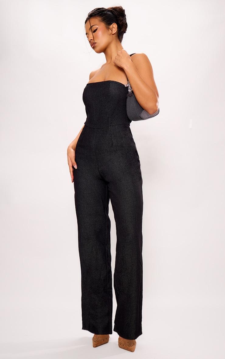 Black Twill Bandeau Wide Leg Jumpsuit Product Image