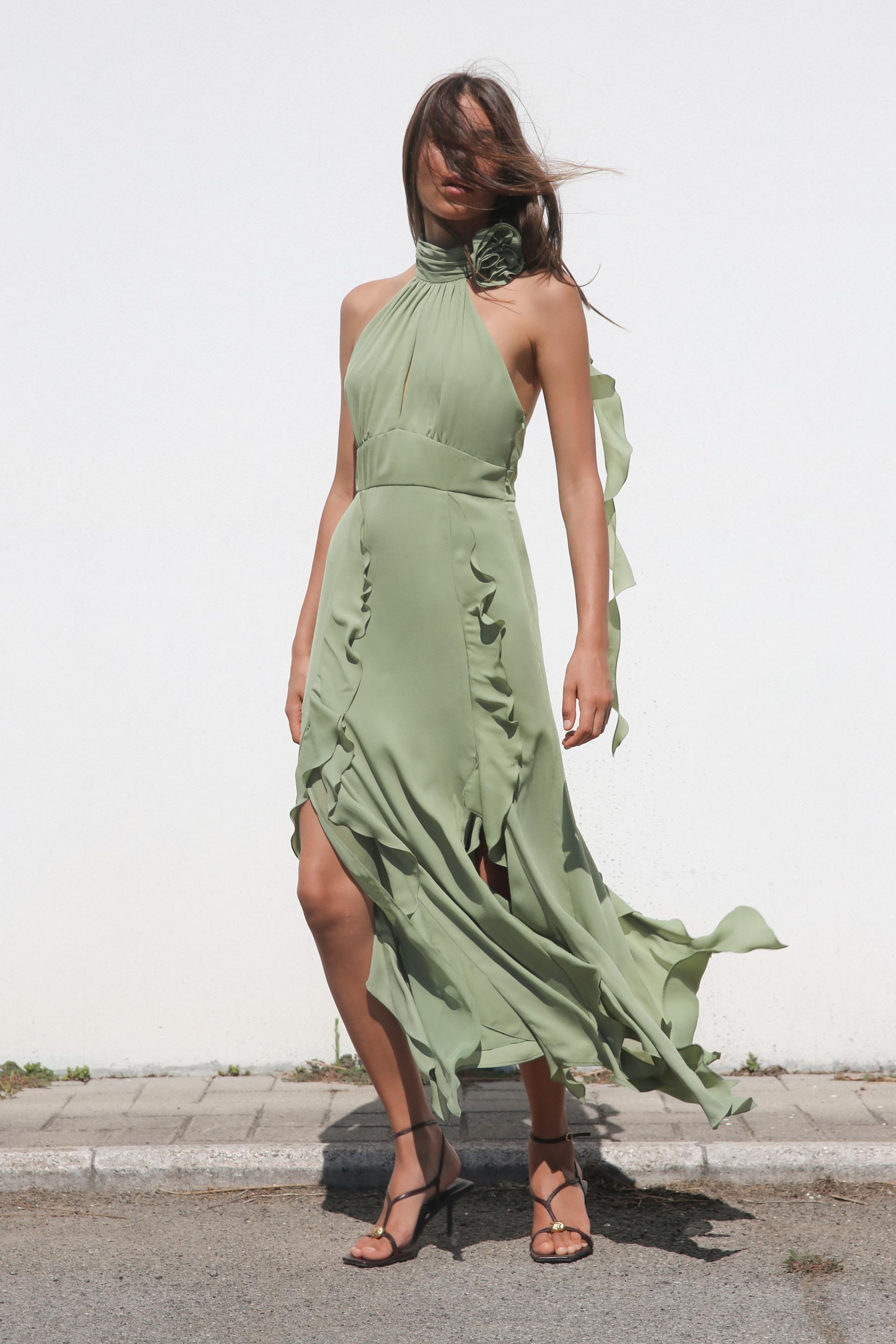 RUFFLED FLOWER HALTER NECK DRESS Product Image