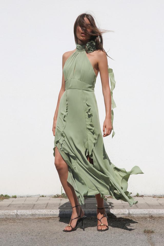 RUFFLED FLOWER HALTER NECK DRESS Product Image