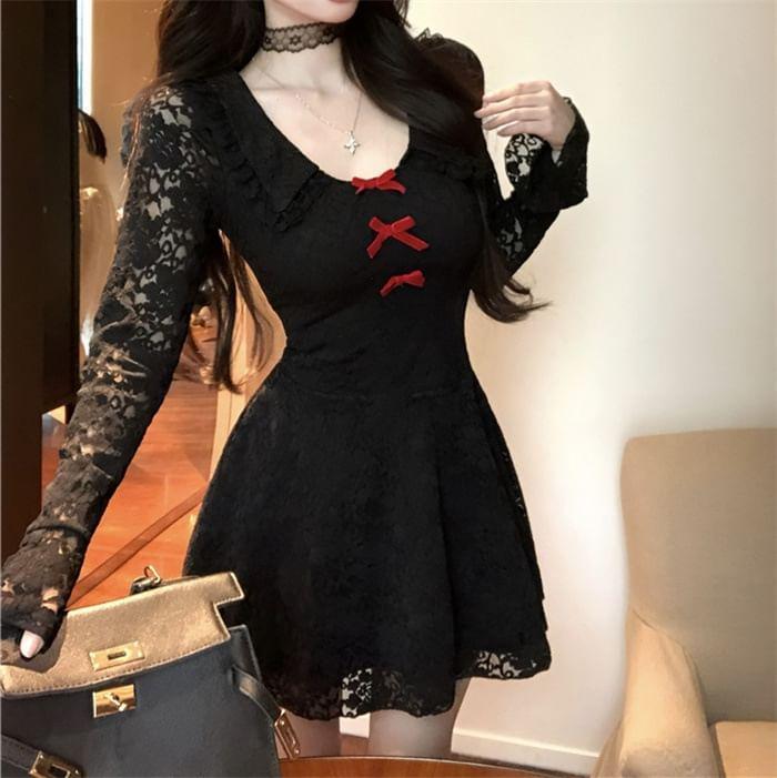 Long Sleeve Scoop Neck Ruffle Trim Lace Mini A-Line Dress Product Image