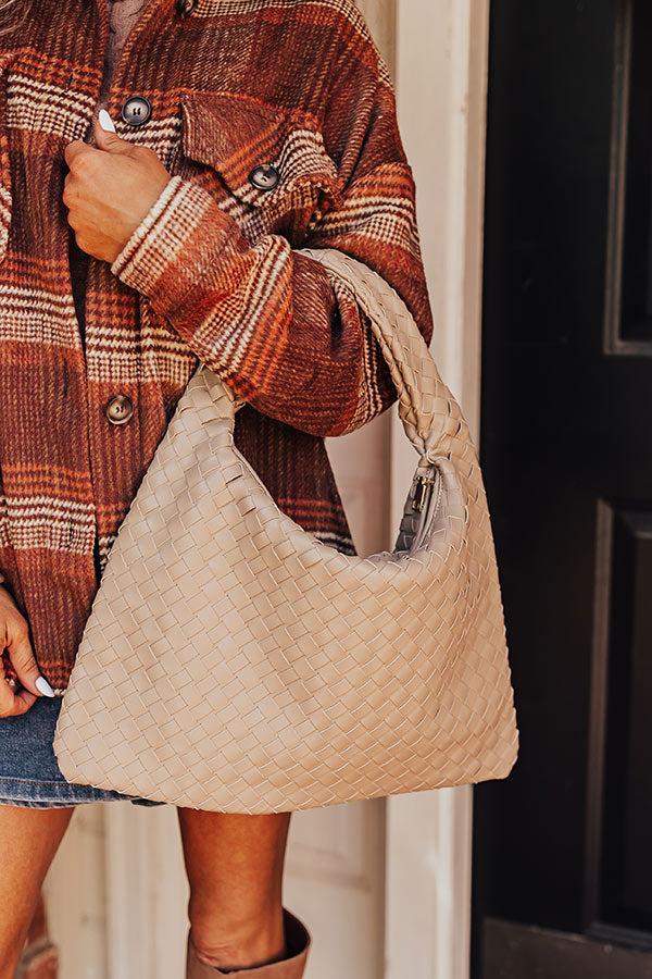 Street Style Faux Leather Woven Tote in Warm Taupe Product Image