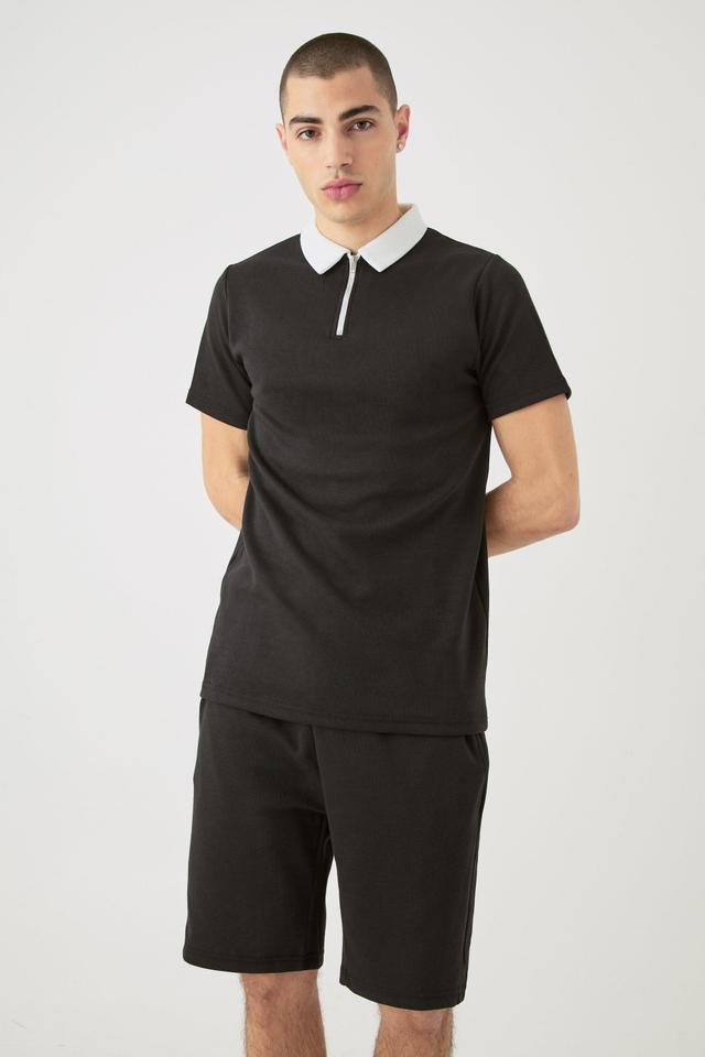 Mens Black Slim Fit 1/4 Zip Polo And Short Set, Black Product Image