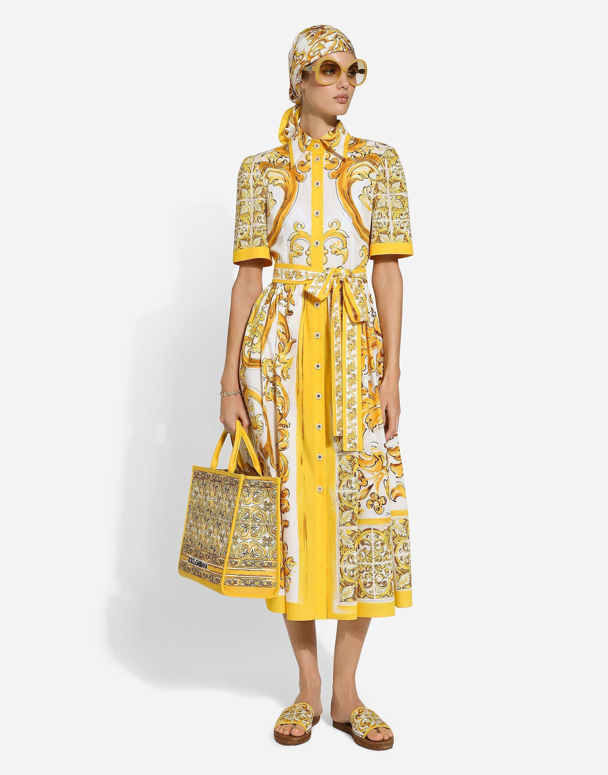 DOLCE & GABBANA Cotton Poplin Midi Shirt Dress With Majolica Print In Yellow Product Image