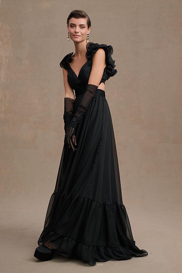 Ieena Mac Duggal Chiffon V-Neck Sleeveless Cut-Out Strappy Back Detail Tiered Ruffle Hem Gown Product Image