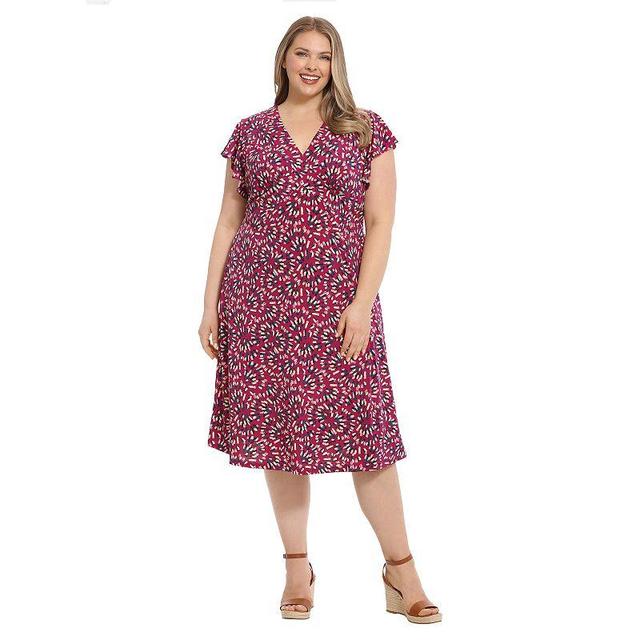 Plus Size London Times V-Neck Ruffle Sleeve Midi Dress, Womens Pink Team Product Image