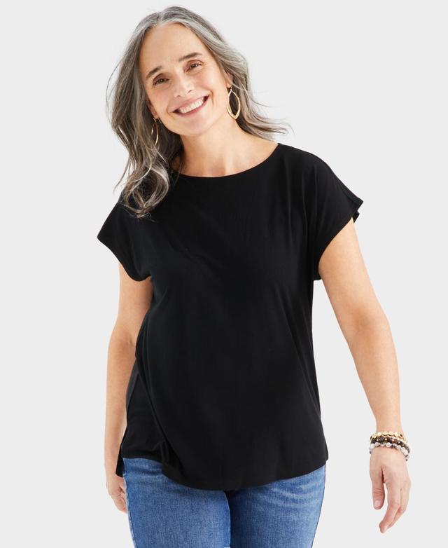 Style & Co Womens Boat-neck Short-Sleeve Mixed Media Tee, Created for Macys Product Image