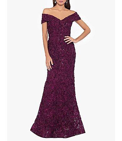 Xscape Embroidered Off-the-Shoulder Short Sleeve Lace A-line Gown Product Image