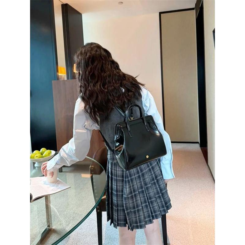 Top Handle Plain Faux Leather Backpack Product Image