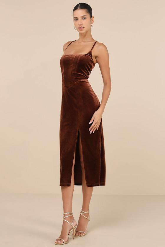 Gorgeous Composure Brown Velvet Lace-Up Sleeveless Midi Dress Product Image