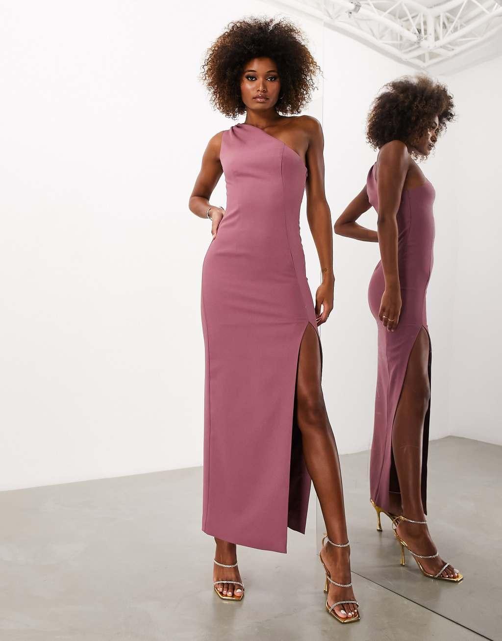 ASOS DESIGN Bridesmaid crepe one shoulder column maxi dress with split Product Image