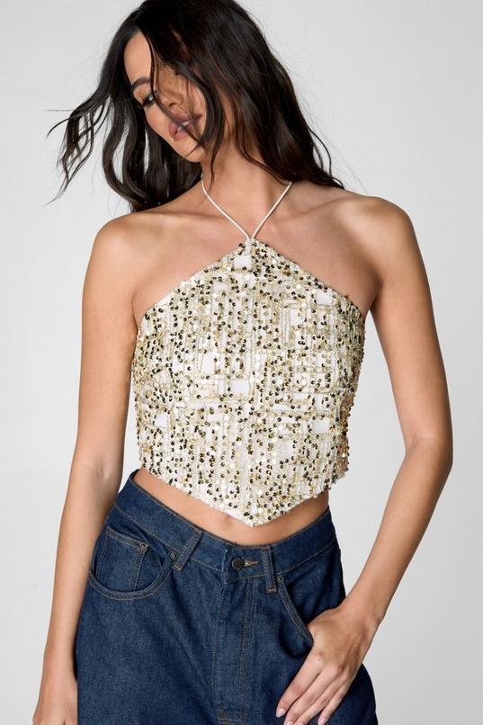 Check Sequin Halter Neck Crop Top Product Image