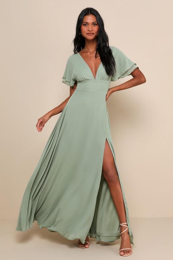 Promise Of Love Sage Brush Flutter Sleeve Maxi Dress Product Image