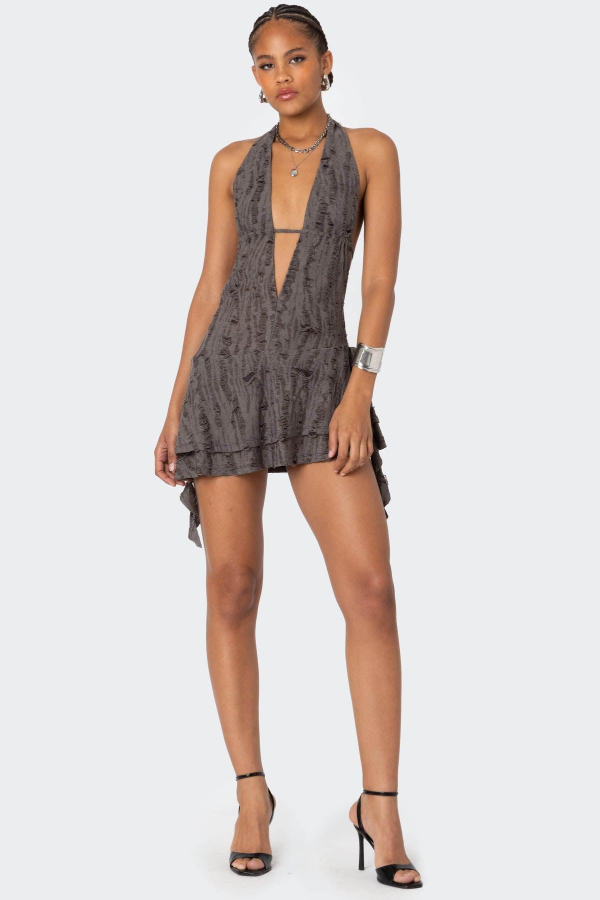 Shredded Backless Halter Mini Dress Product Image