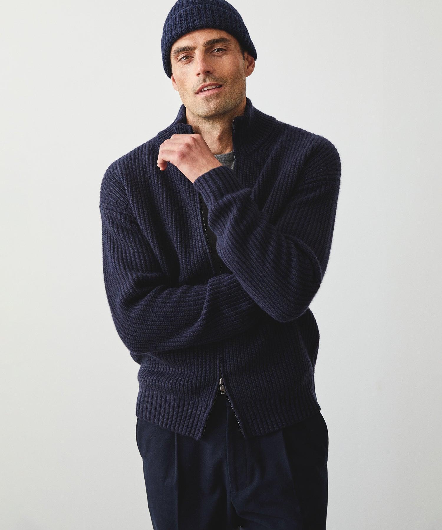 Full-Zip Mock Neck Cashmere Sweater in Navy Product Image