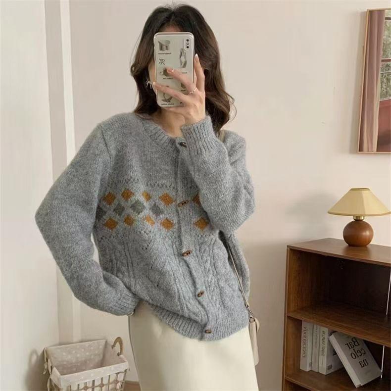 Crewneck Jacquard Button-Up Cardigan Product Image