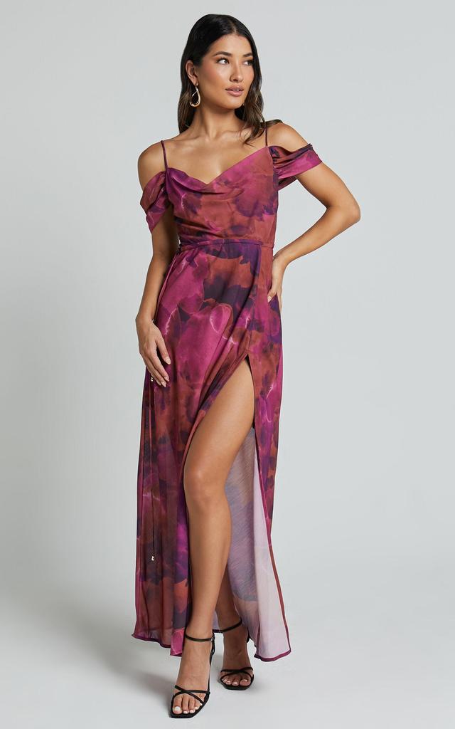 Keira Midi Dress - Draped Off the Shoulder Dress in Electric Cloud - Purple Product Image