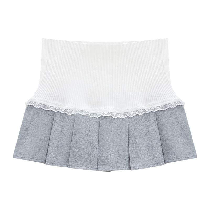 Low Waist Paneled Lace Trim Pleated Mini A-Line Skirt Product Image