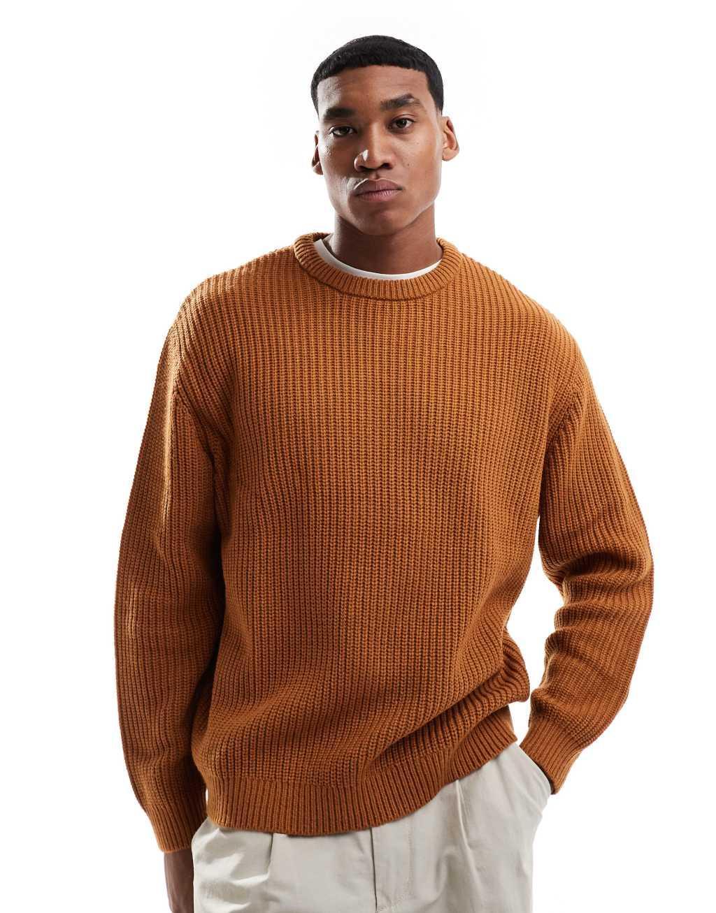 ASOS DESIGN oversized knitted fisherman rib sweater in tan Product Image