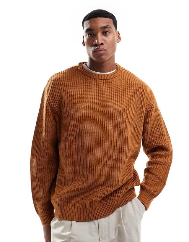 ASOS DESIGN oversized knitted fisherman rib sweater in tan Product Image