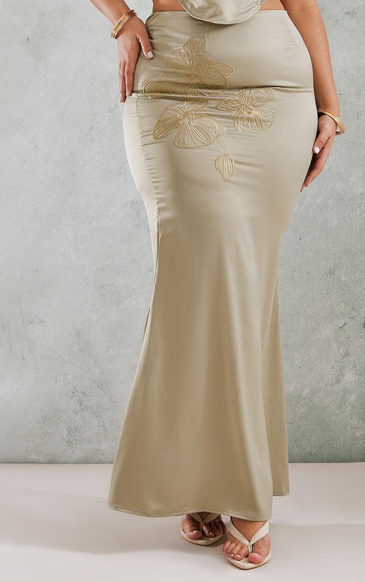 Plus Olive Embroidered Floral Satin Maxi Skirt Product Image