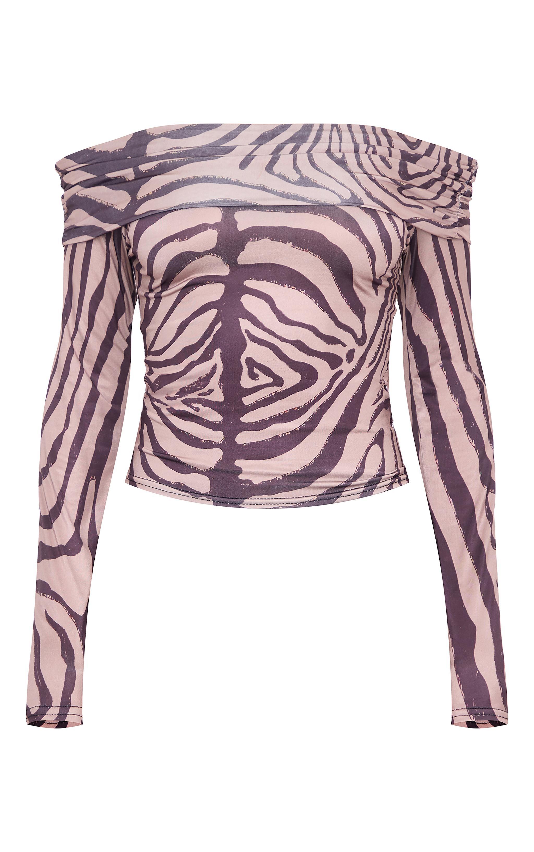 Brown Zebra Print Slinky Bardot Long Sleeve Long Top Product Image