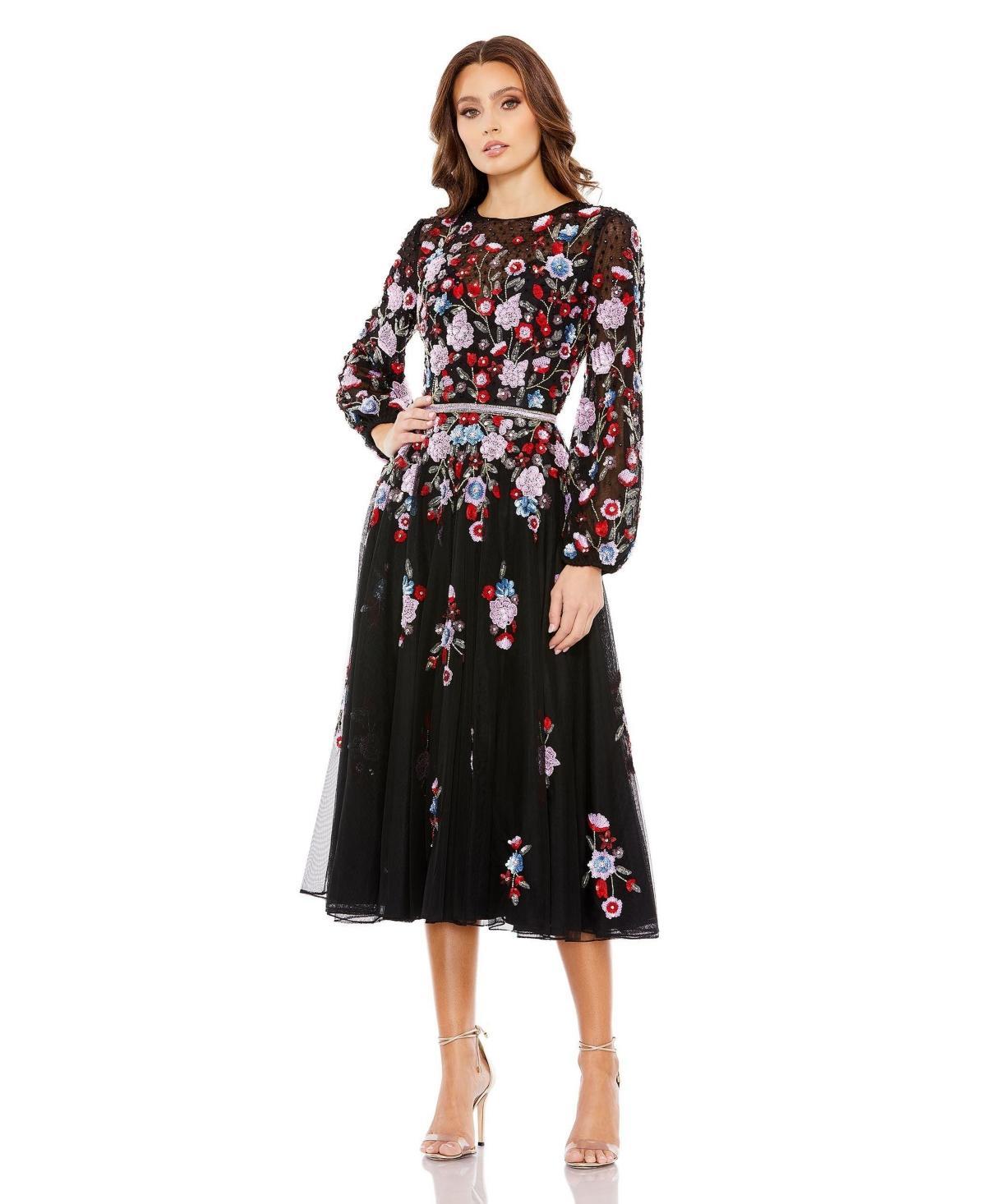 Womens Sequined Floral Billowy-Sleeve Midi Dress Product Image