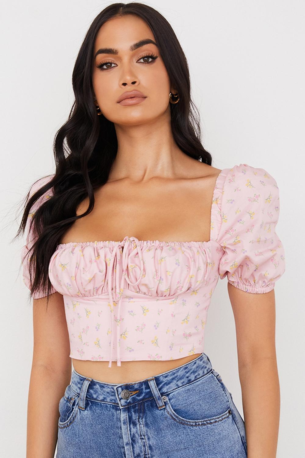 Arianna Pink Floral Puff Sleeve Corset Product Image