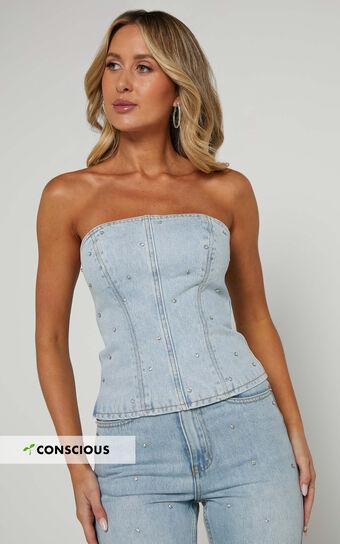 Karter Top - Rhinestone Denim Strapless Top in Light Blue Wash Product Image