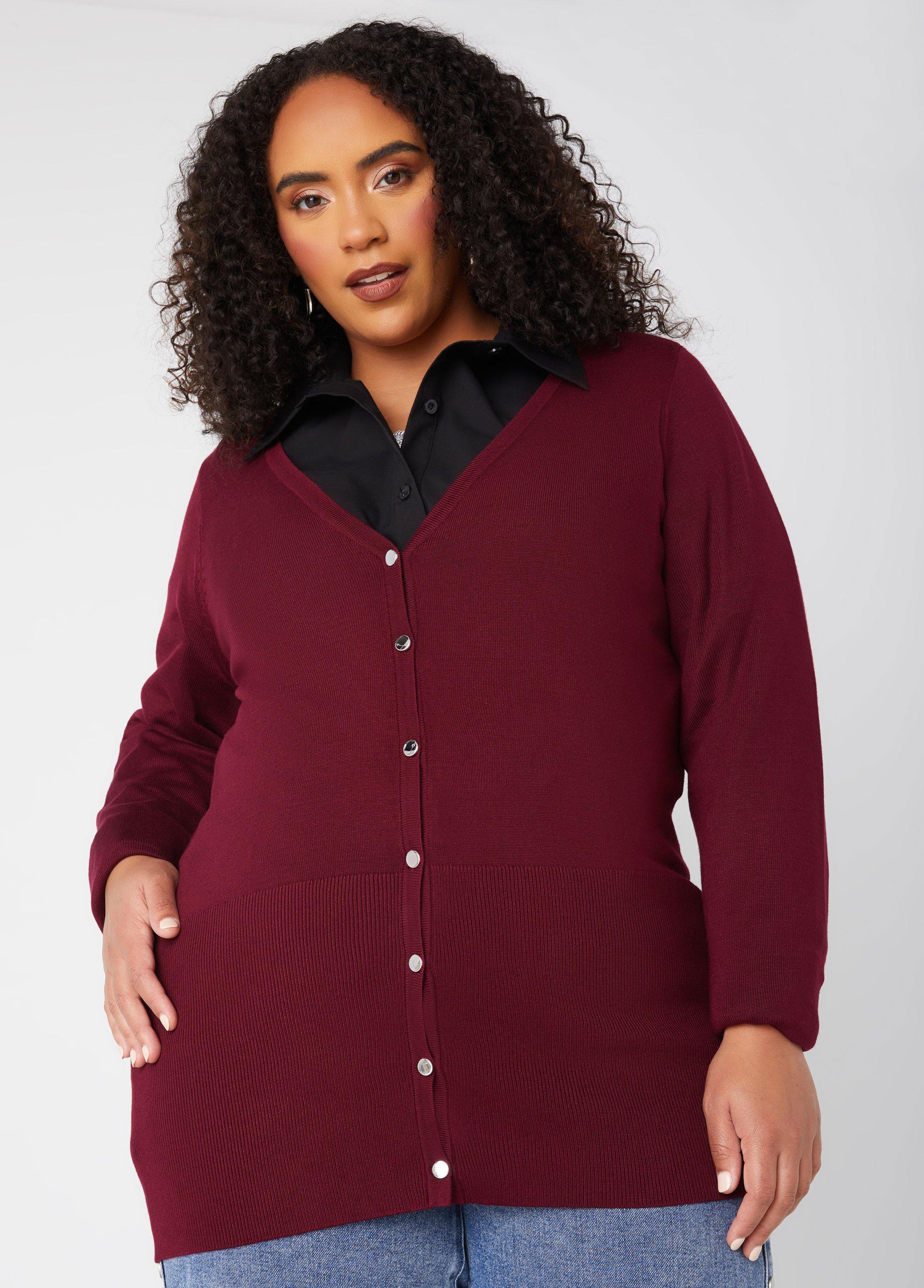 Plus Size Buttoned Front V Neck Cardigan, - Ashley Stewart Product Image