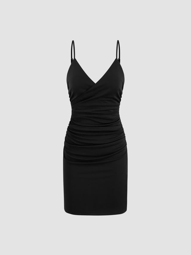 V-neck Solid Ruched Mini Dress Product Image