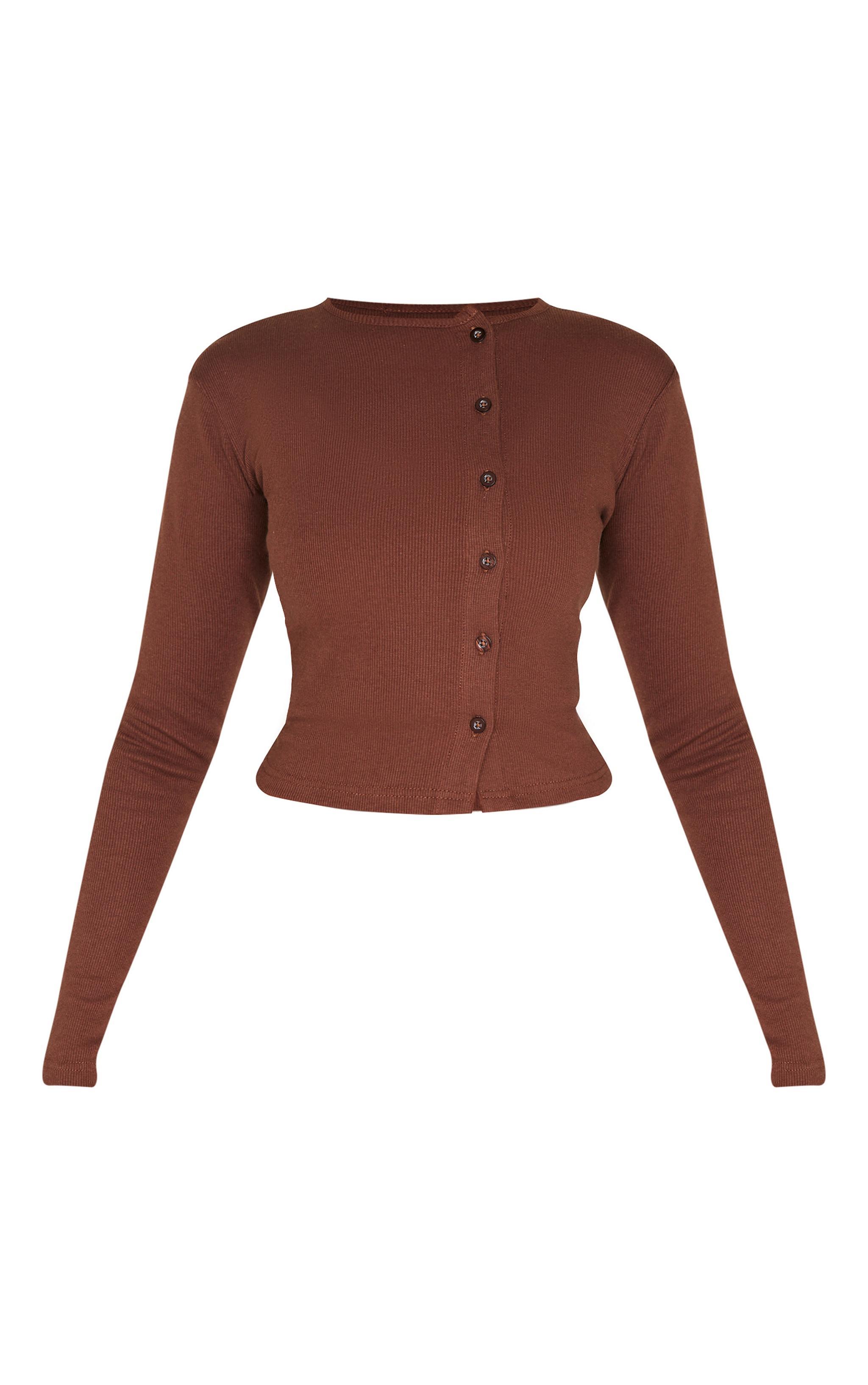 Chocolate Ribbed Aysmmetric Button Down Fitted Long Sleeve Top Product Image