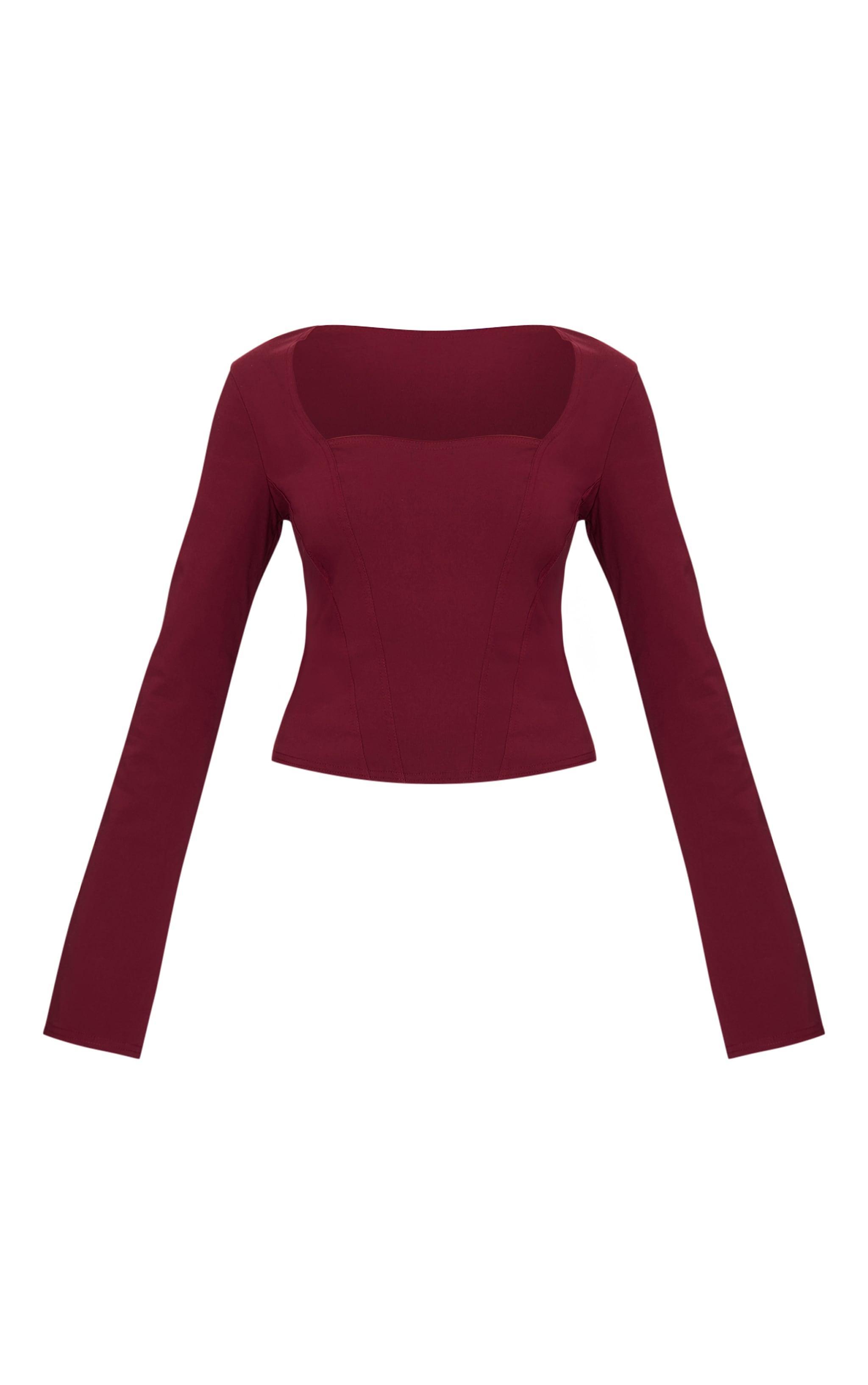 Burgundy Bengaline Square Neck Long Sleeve Top Product Image