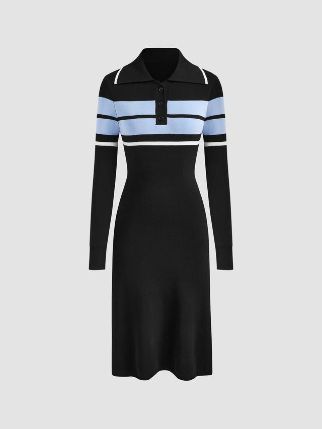 Knitted Collar Striped Long Sleeve Midi Dress Product Image