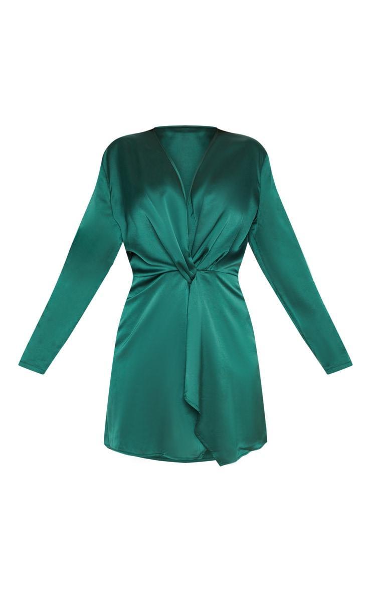 Plus Emerald Green Satin Long Sleeve Wrap Dress Product Image