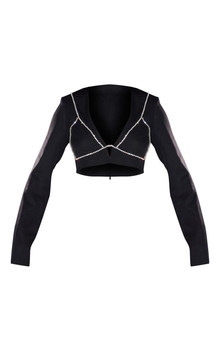 Black Woven Diamante Bralet Trim Long Sleeve Crop Top Product Image