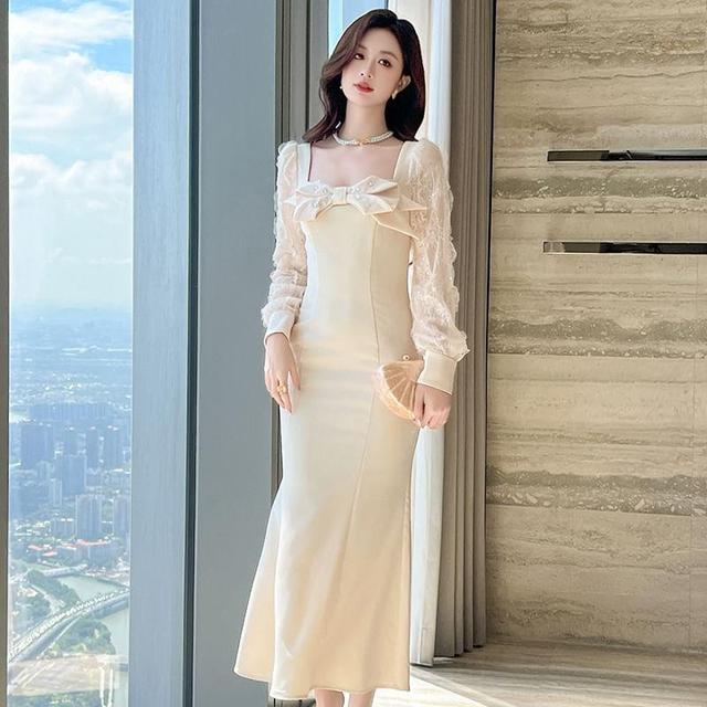 Long-Sleeve Bow Lace Panel Midi Mermaid Dress Product Image