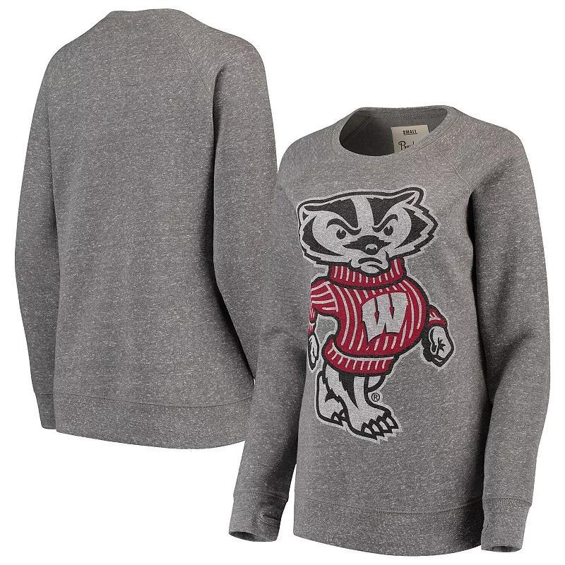 Womens Pressbox Heathered Gray Wisconsin Badgers Big Team Logo Knobi Fleece Tri-Blend Crew Neck Sweatshirt Product Image