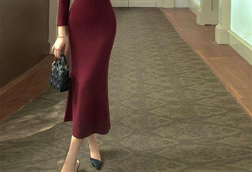 Long-Sleeve Mock Neck Plain Midi Sheath Dress Product Image