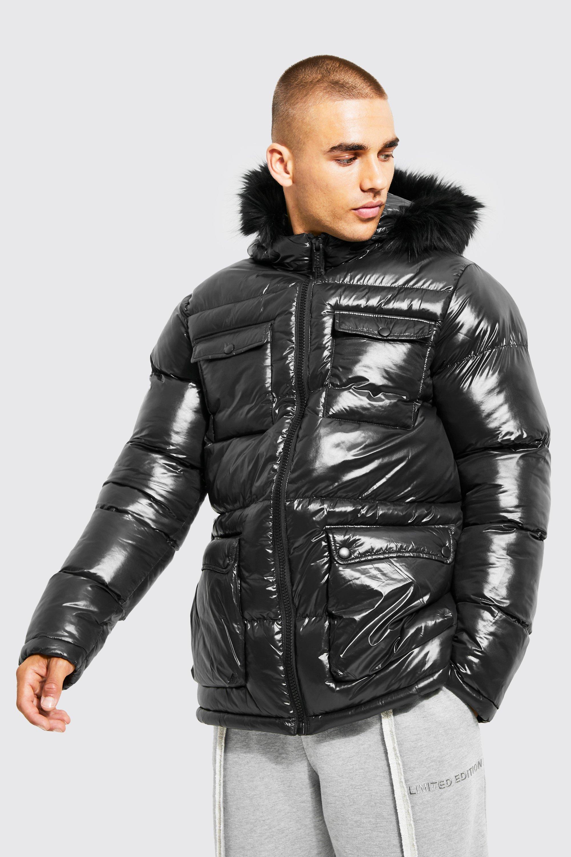 Mens Black High Shine 4 Pocket Fur Trim Hood Parka, Black Product Image