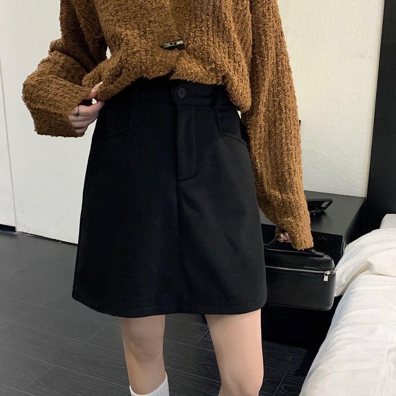 High Waist Plain Fleece-Lined Corduroy Mini A-Line Skirt Product Image