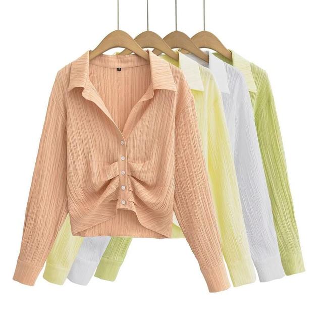 Long-Sleeve Plain Ruched Shirt Product Image