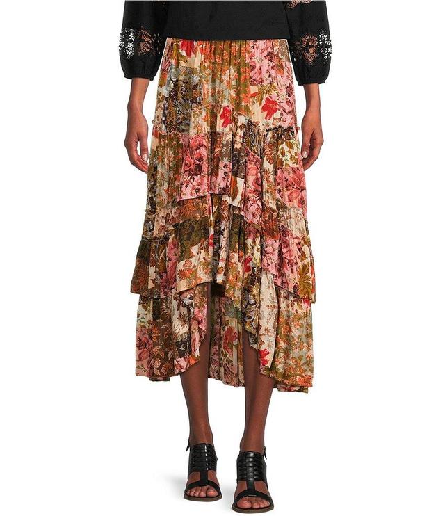 Talisman Sassy Floral Patchwork Print High-Low Tiered Ruffled Hem Skirt Product Image