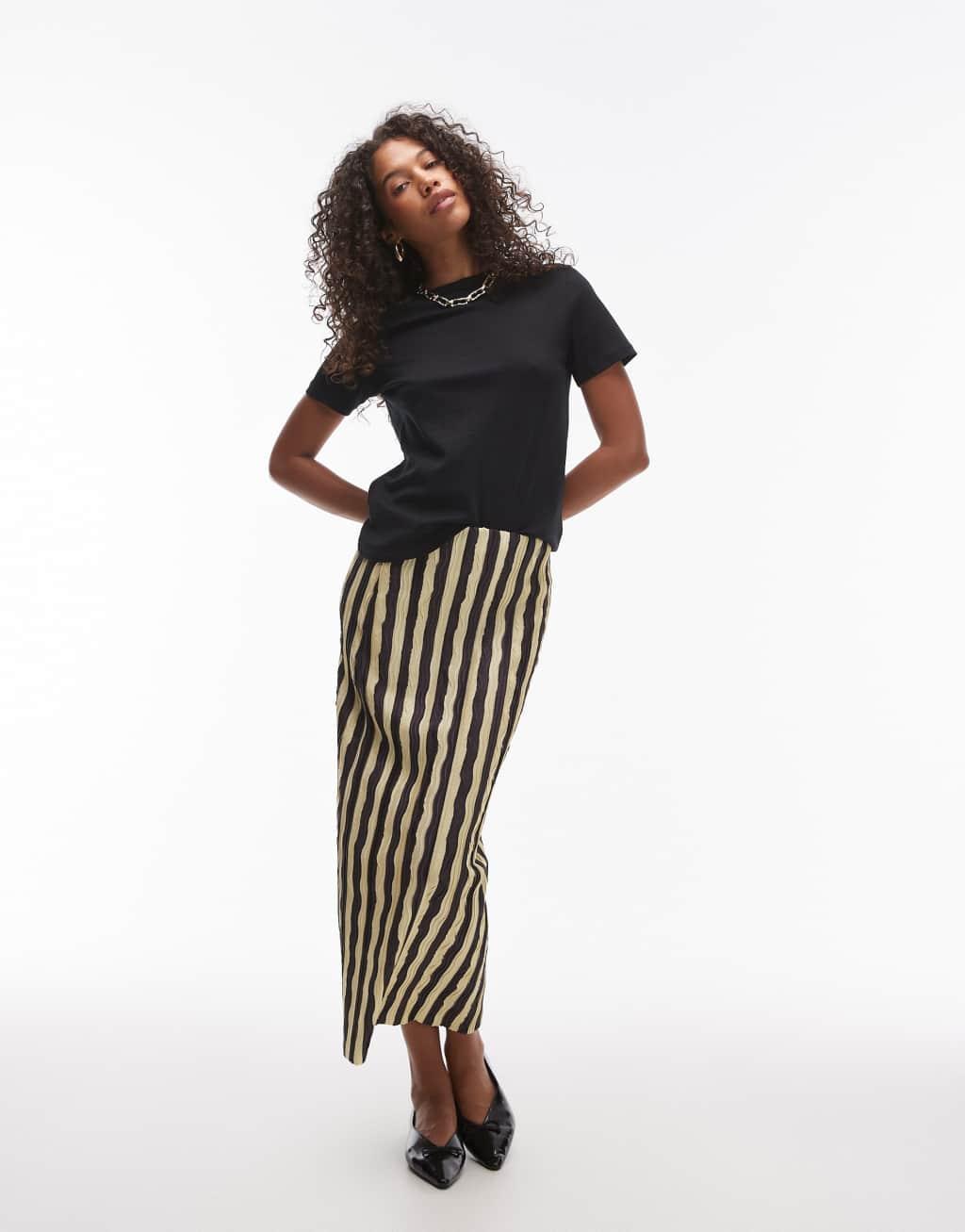 Topshop stripe plisse midaxi skirt in chocolate Product Image